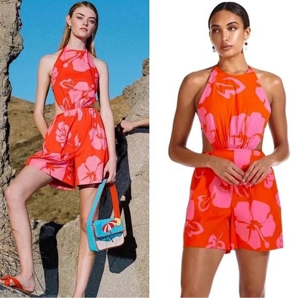 STAUD Georgia Floral Romper Red Pink Tropical Halter Cutout Resort Summer Size 8 - Picture 3 of 9